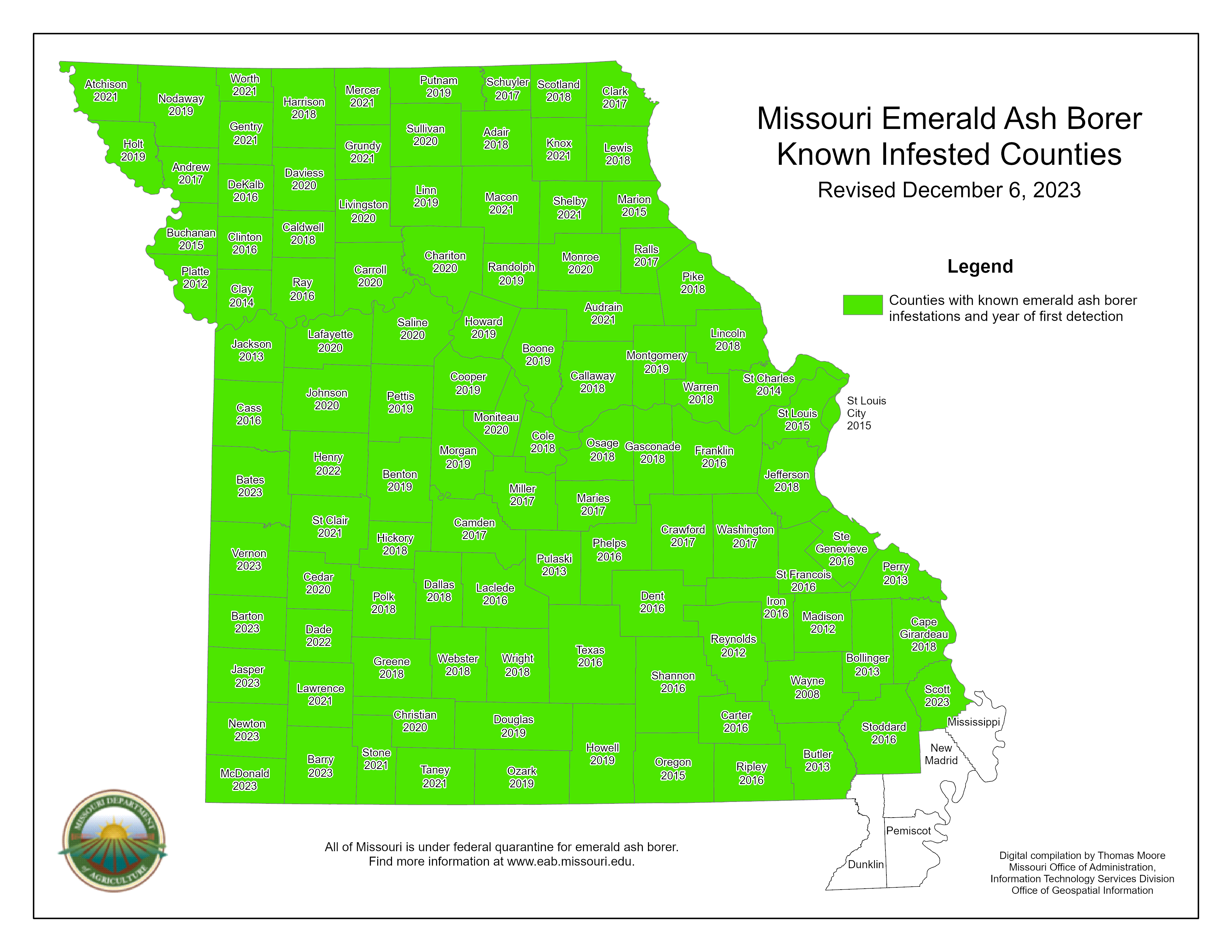 Missouri Emerald Ash Borer Known Infested Counties Map